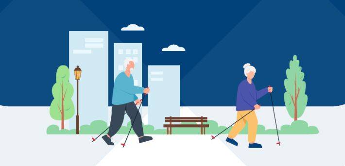 Ilustrración de personas mayores paseando pro un parque urbano
