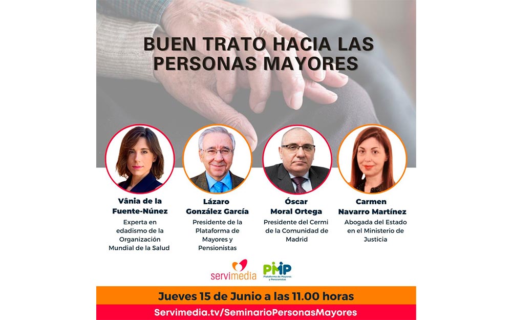 Cartel con los participantes en el diálogo sobre buen trato a las personas mayores.
