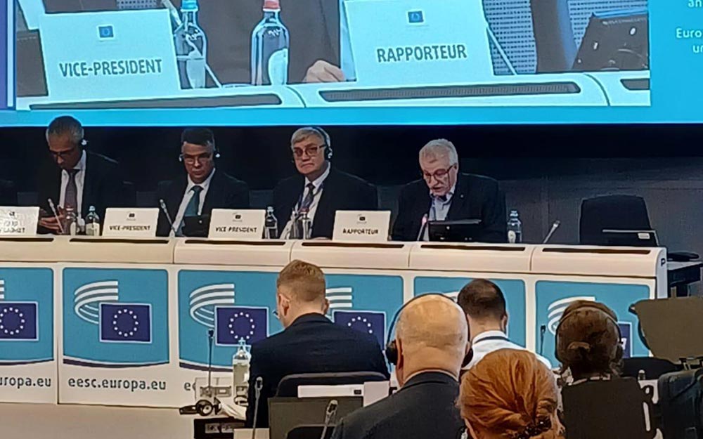 Tuvo lugar durante la celebración del Pleno del Comité Económico y Social Europeo El secretario general de la PMP, Miguel Ángel Cabra, durante su intervención en el pleno del CESE.
