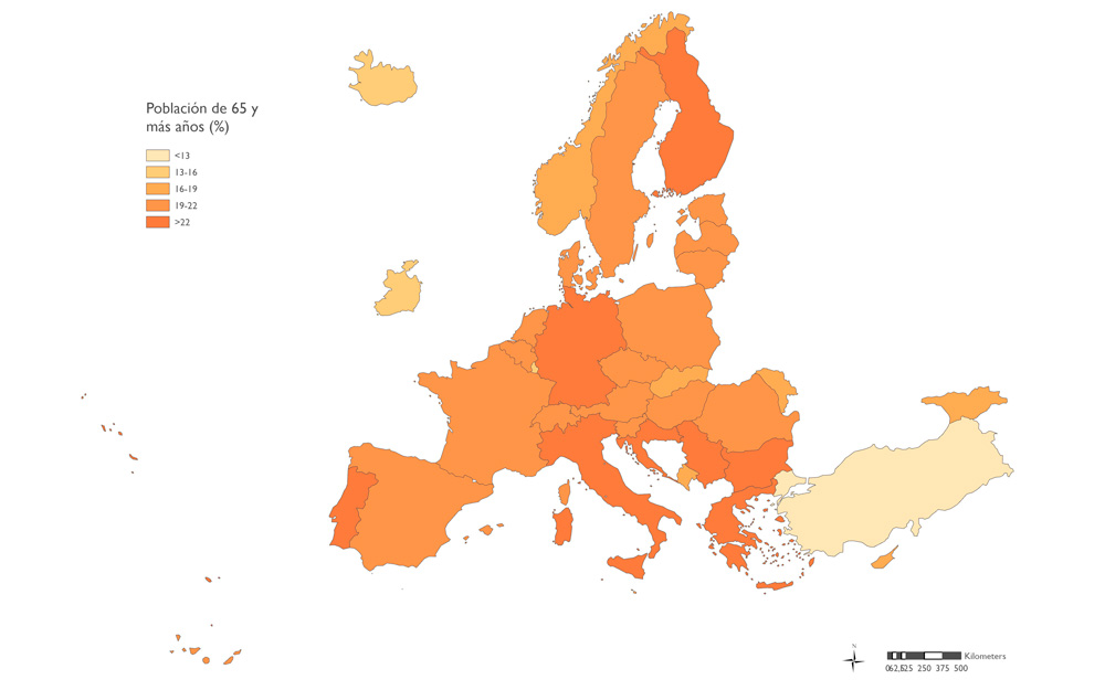 Mapa de Europa que muestra los porcentajes de población mayor de 65 años por países