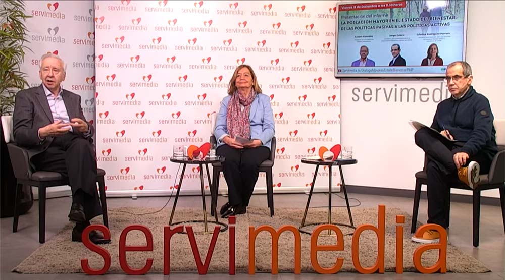 Presentación del informe ‘La población mayor en el estado del bienestar: de las políticas pasivas a las políticas activas’ Un instante de la transmisión en directo de la presentación del informe a través de Servimedia.