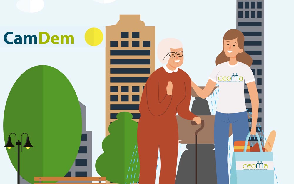 Dedicado a la sensibilización del voluntariado con las comunidades amigables con la demencia Imagen del folleto del proyecto CanDem que muestra a una voluntaria ayudando a una persona mayor.