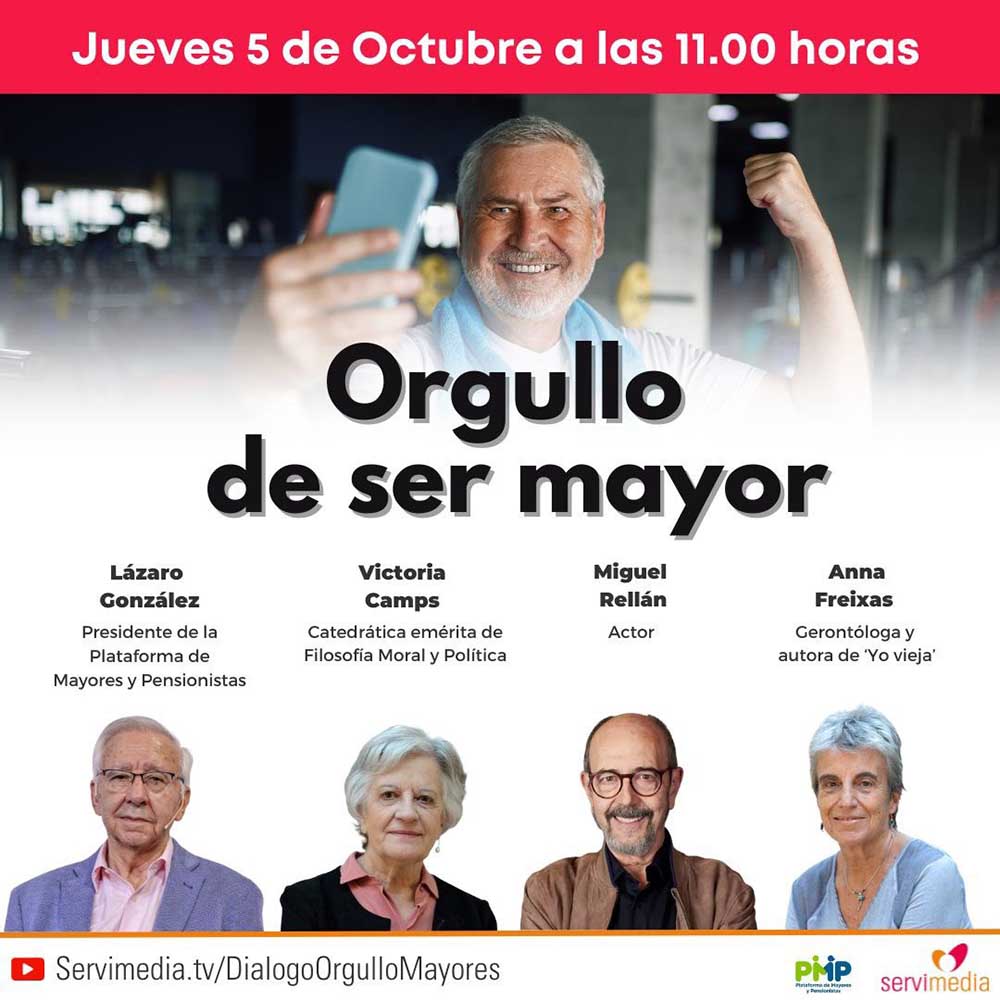 Cartel del encuentro Orgullo de ser mayor en el que, además del título del mismo, aparecen las fotografías de las personas que intervendrán en él.