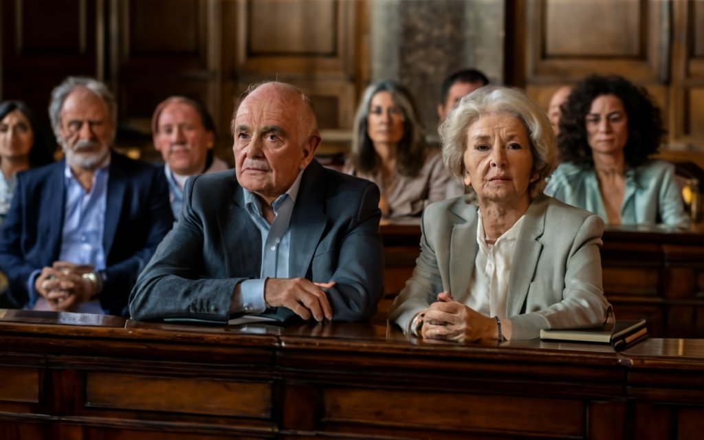 Un hombre y una mujer mayores permanencen sentados en un juicio
