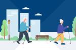 Ilustrración de personas mayores paseando pro un parque urbano
