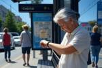Persona mayor mirando la hora en el reloj en una parada de autobús