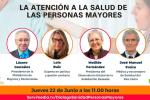 Cartel con los participantes en el diálogo sobre la atención a la salud de las personas mayores.