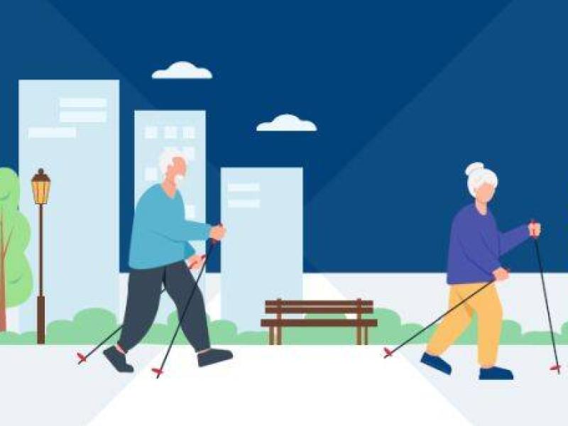 Ilustrración de personas mayores paseando pro un parque urbano