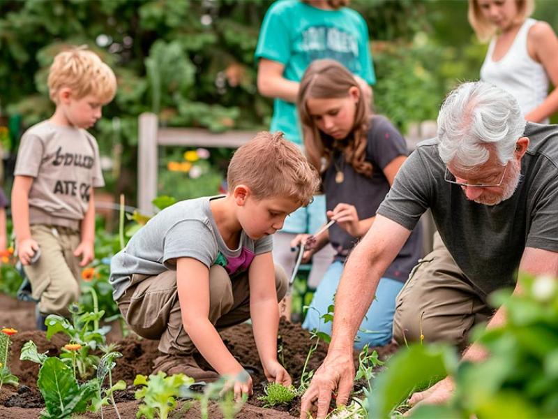 Una persona mayor trabaja en un huerto junto a niños y jóvenes