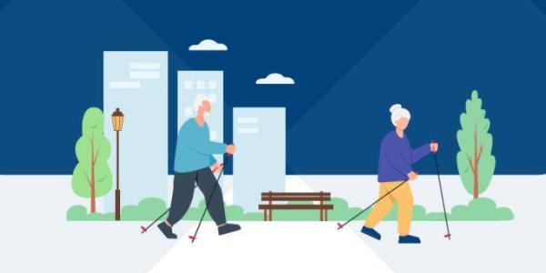 Ilustrración de personas mayores paseando pro un parque urbano