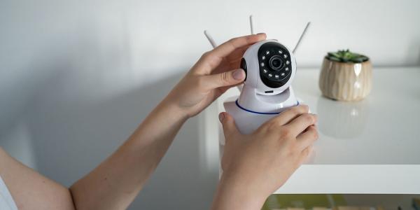 Una persona colocando una cámara de videvigilancia en una estantería