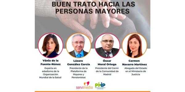 Cartel con los participantes en el diálogo sobre buen trato a las personas mayores.