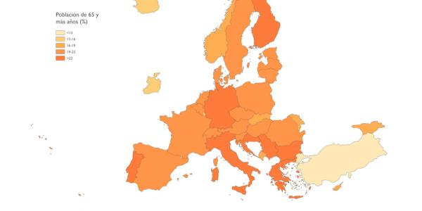 Mapa de Europa que muestra los porcentajes de población mayor de 65 años por países